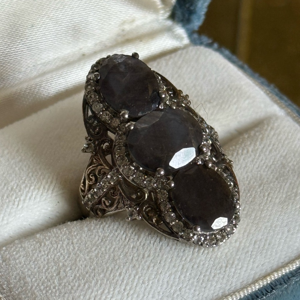 Large black quartz, Austrian crystal sterling silver 925 copper cocktail ring